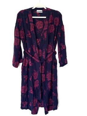 Urban Outfitters Navy & Burgundy Floral Long Robe with Belt XS/S